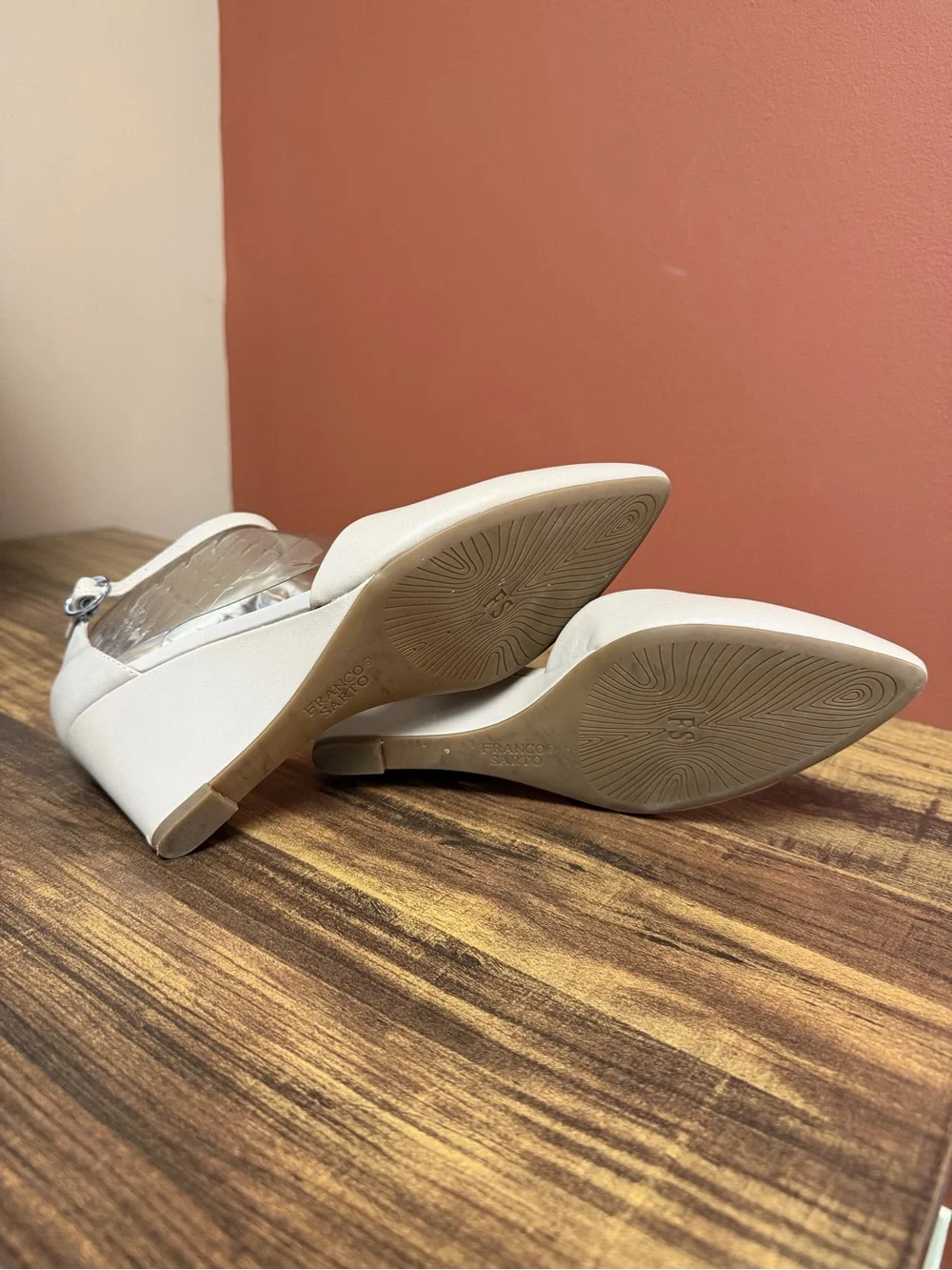 Franco Sarto “Fayth” Nude Wedge Women’s Size 7.5 Leather Ankle Strap Pointed-Toe